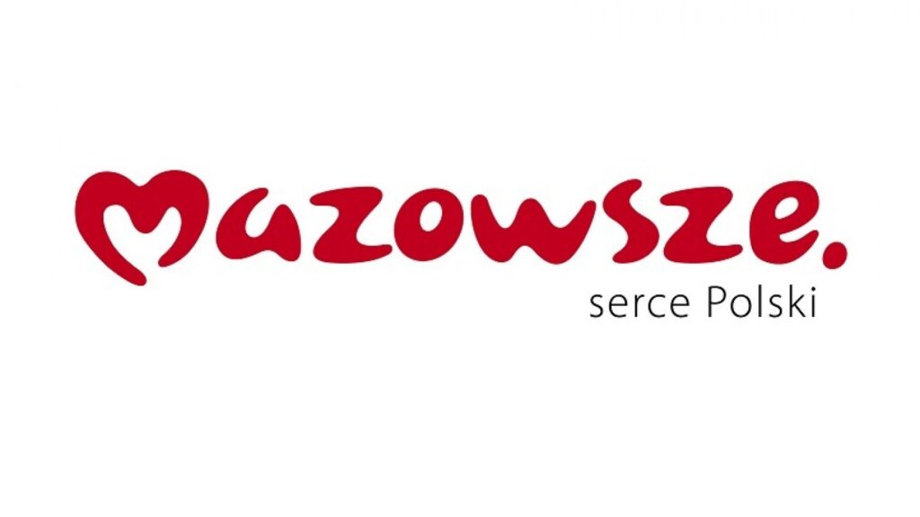 Czerwone logo z napisem "Mazowsze" i tekstem "serce Polski" poniżej.